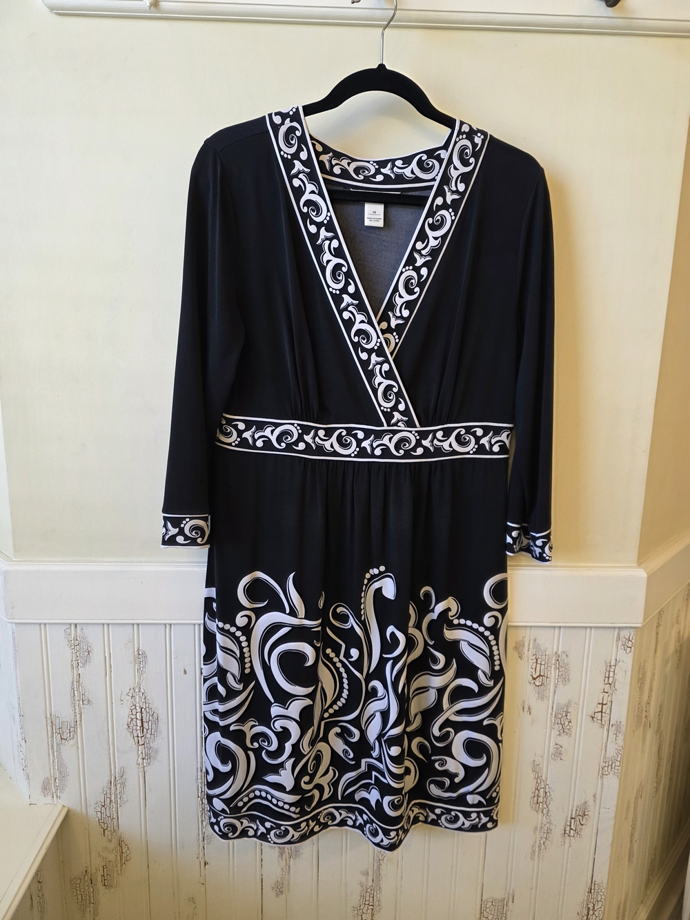 White House Black Market Black and White Faux-Wrap Scroll Print Dress